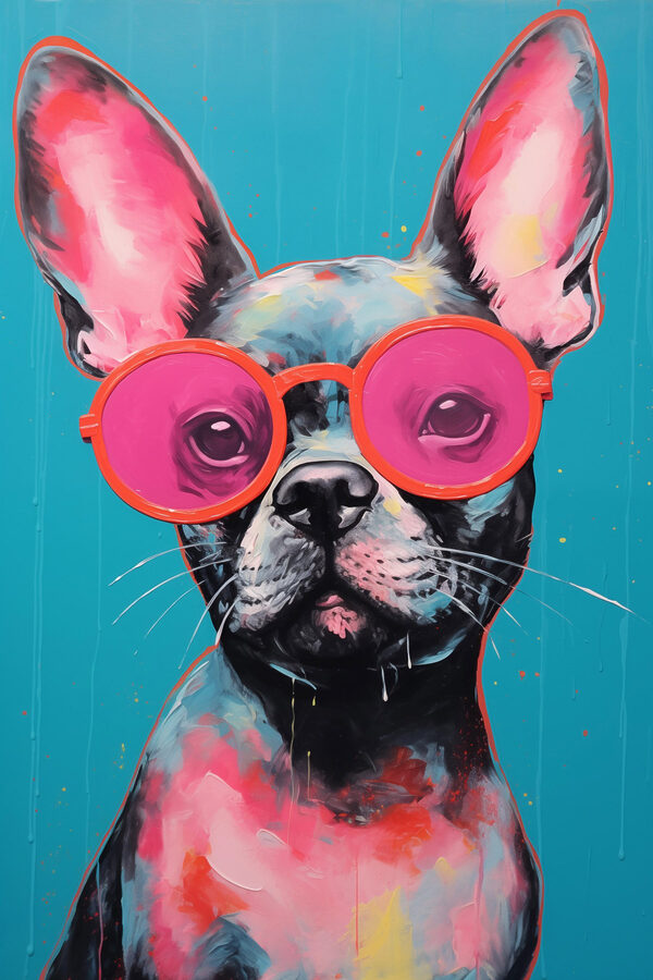 Peinture d'un chien portant des lunettes de soleil roses Peinture d'un chien portant des lunettes de soleil roses