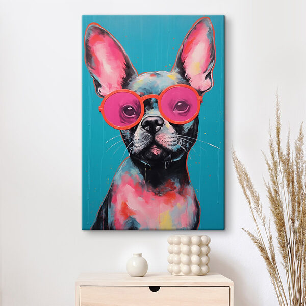 Peinture d'un chien portant des lunettes de soleil roses Peinture d'un chien portant des lunettes de soleil roses
