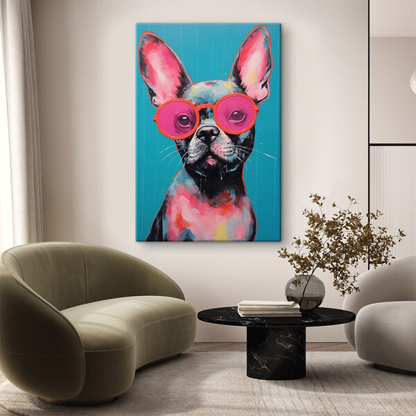 Peinture d'un chien portant des lunettes de soleil roses Peinture d'un chien portant des lunettes de soleil roses