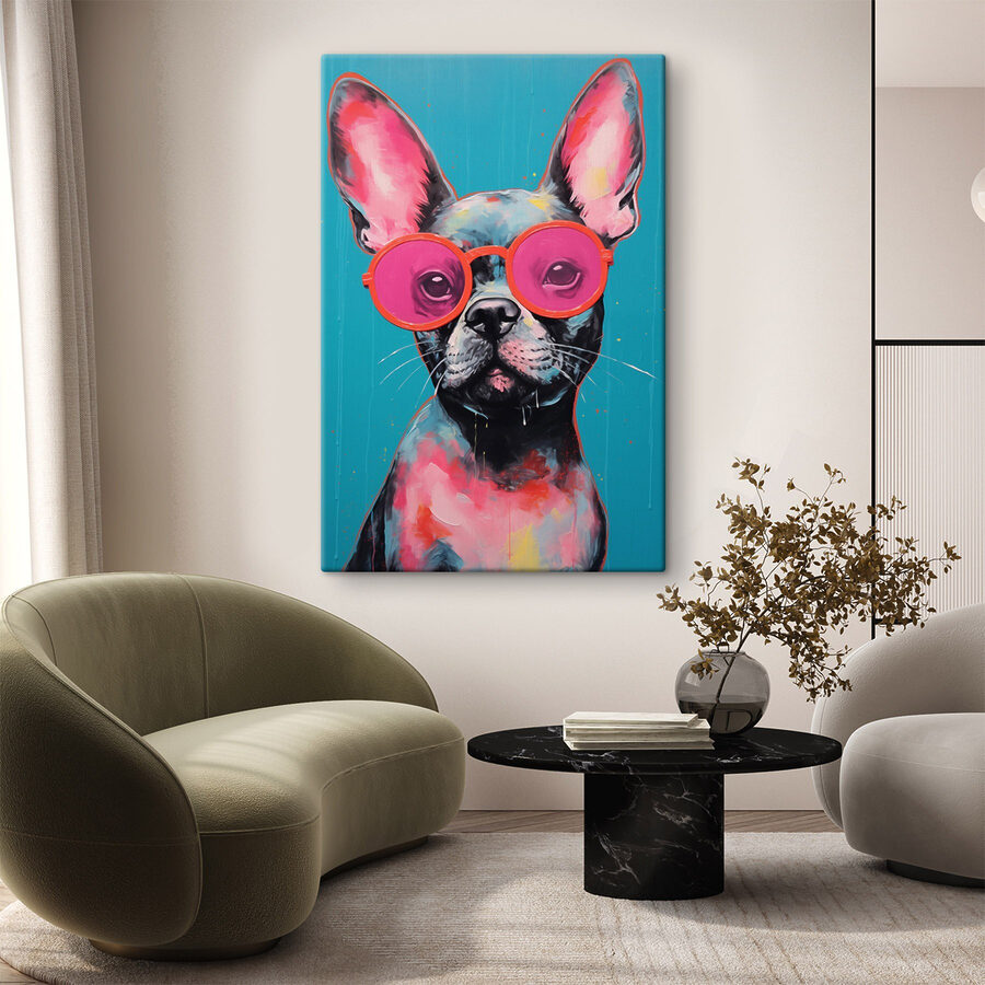 Peinture d'un chien portant des lunettes de soleil roses