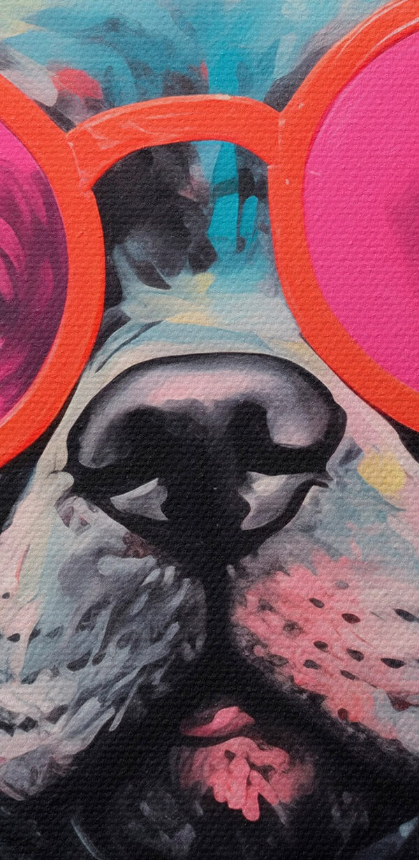 Peinture d'un chien portant des lunettes de soleil roses Peinture d'un chien portant des lunettes de soleil roses