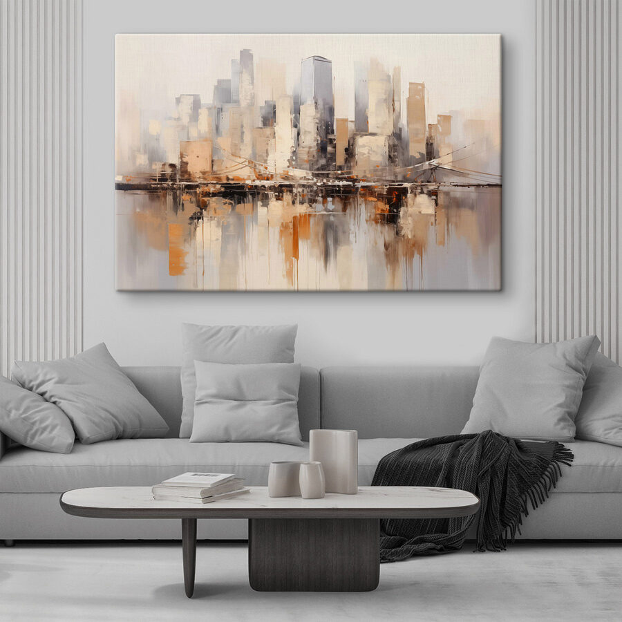 Peinture d'une ville avec un pont sur l'eau