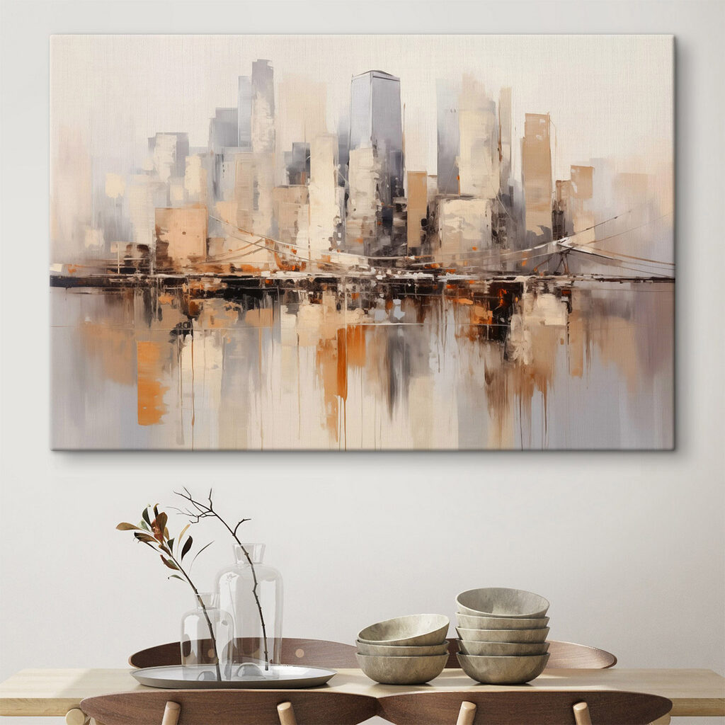 Painting of a city with a bridge over water