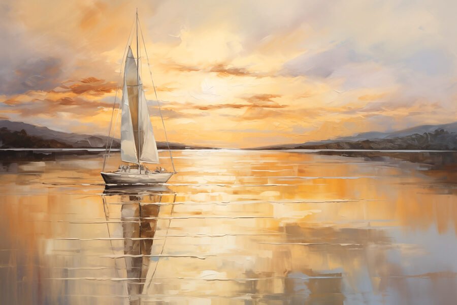 Peinture d'un voilier sur un lac calme Peinture d'un voilier sur un lac calme