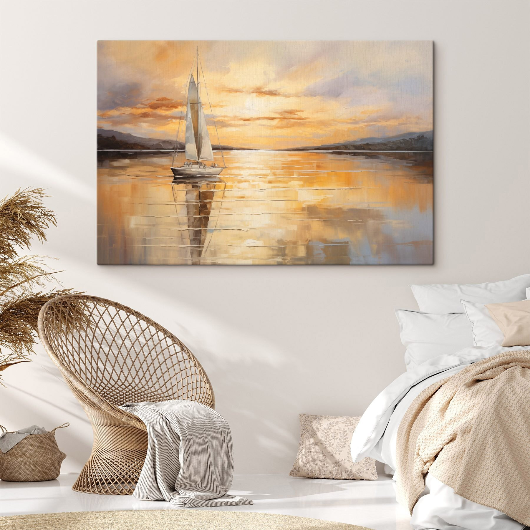 Painting of a sailboat on a calm lake Painting of a sailboat on a calm lake