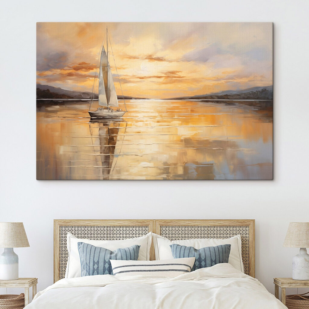 Painting of a sailboat on a calm lake Painting of a sailboat on a calm lake