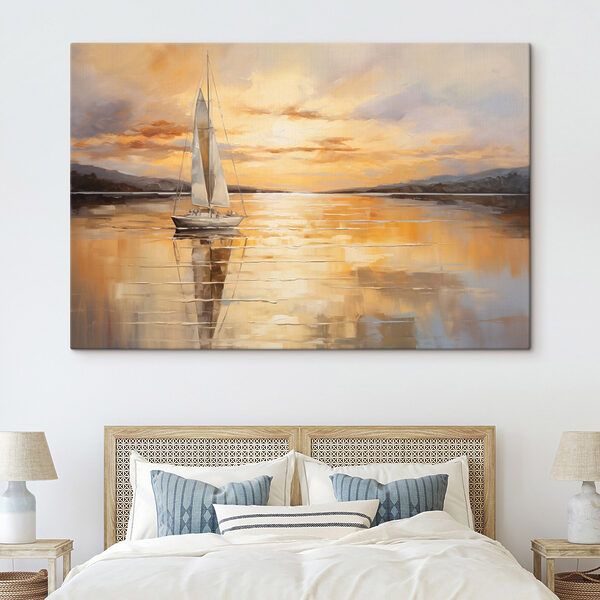 Peinture d'un voilier sur un lac calme Peinture d'un voilier sur un lac calme