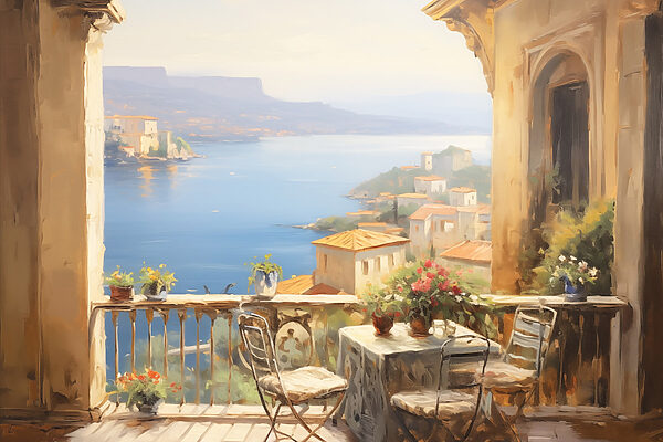 Peinture d'un balcon donnant sur un plan d'eau Peinture d'un balcon donnant sur un plan d'eau