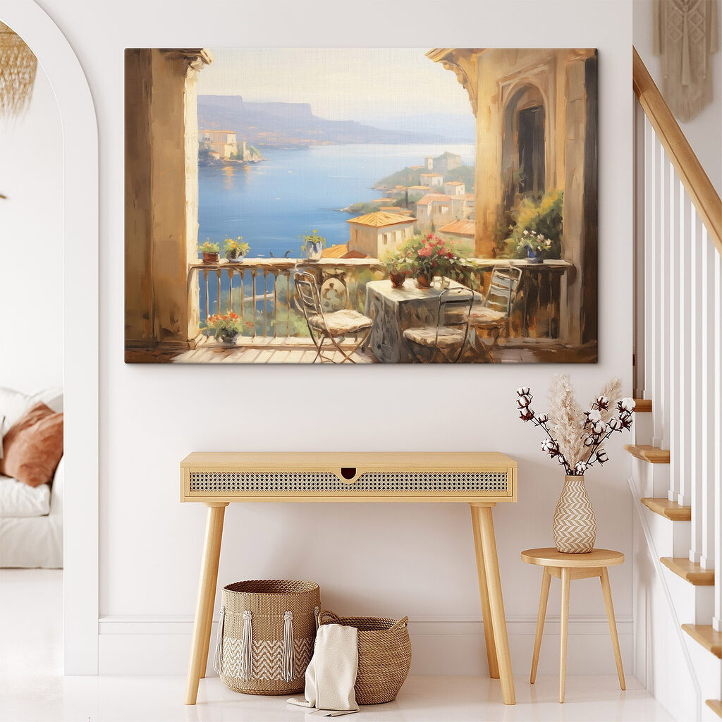Painting of a balcony overlooking a body of water
