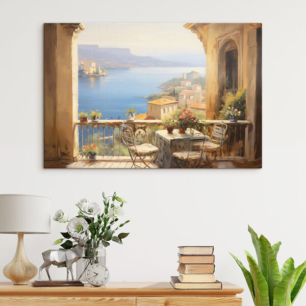 Peinture d'un balcon donnant sur un plan d'eau Peinture d'un balcon donnant sur un plan d'eau