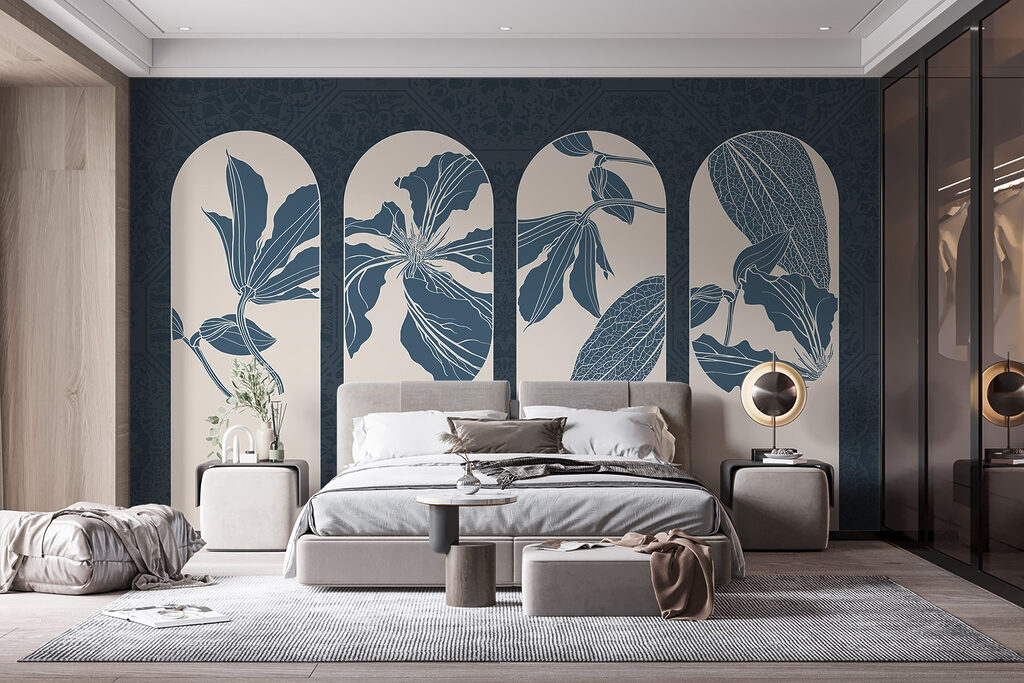Group of white and blue floral designs