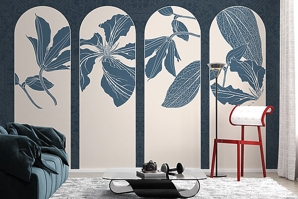 Group of white and blue floral designs