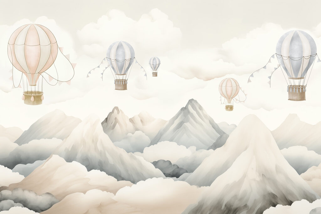 Group of hot air balloons in the sky above mountains