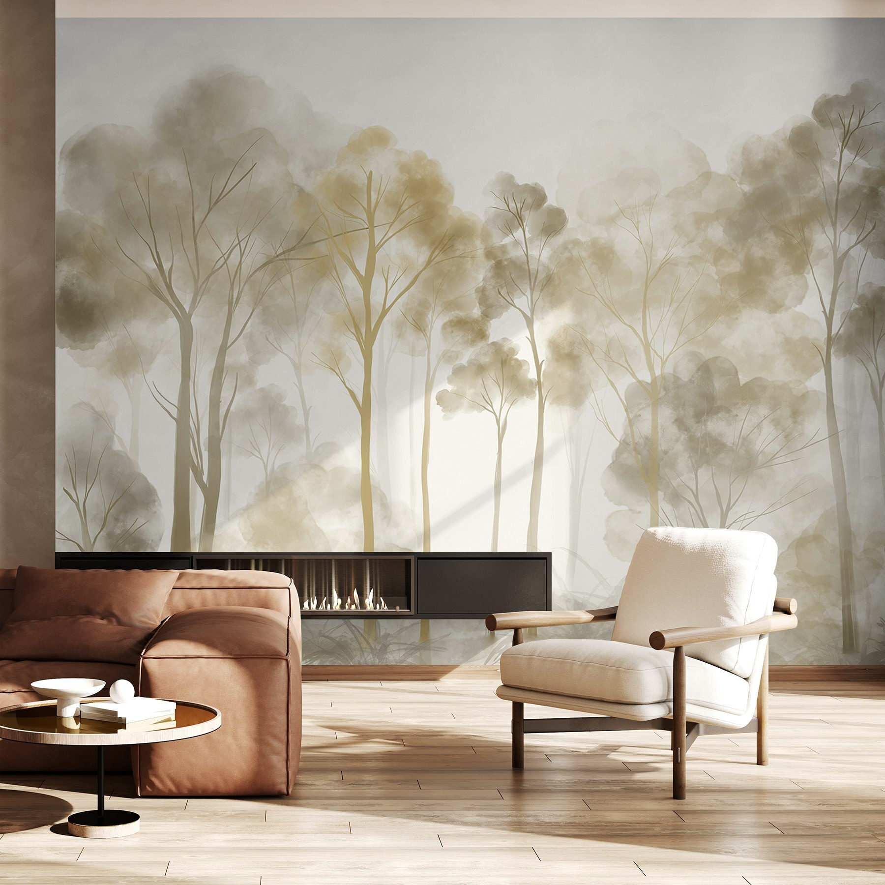 Group of trees in a foggy forest Group of trees in a foggy forest