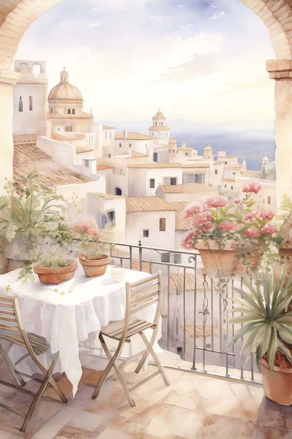 Aquarelle représentant une table et des chaises sur un balcon avec vue sur la ville Aquarelle représentant une table et des chaises sur un balcon avec vue sur la ville