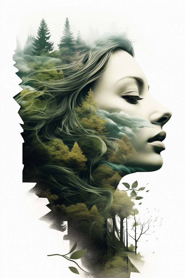 Visage de femme avec arbres et nuages Visage de femme avec arbres et nuages