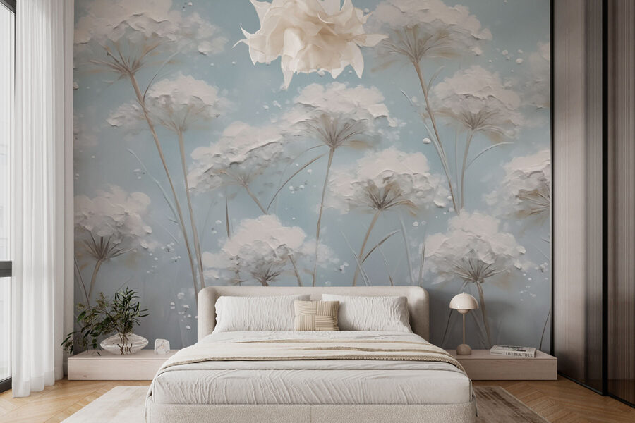 Peinture de fleurs sur fond bleu