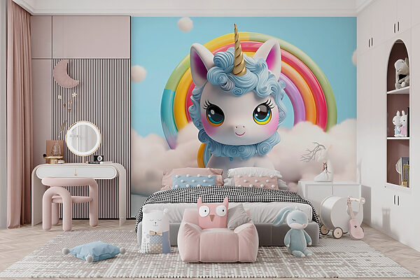 Licorne jouet avec un arc-en-ciel en arrière-plan Licorne jouet avec un arc-en-ciel en arrière-plan