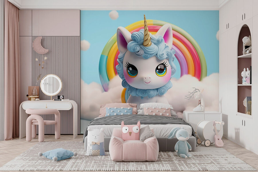 Licorne jouet avec un arc-en-ciel en arrière-plan Licorne jouet avec un arc-en-ciel en arrière-plan