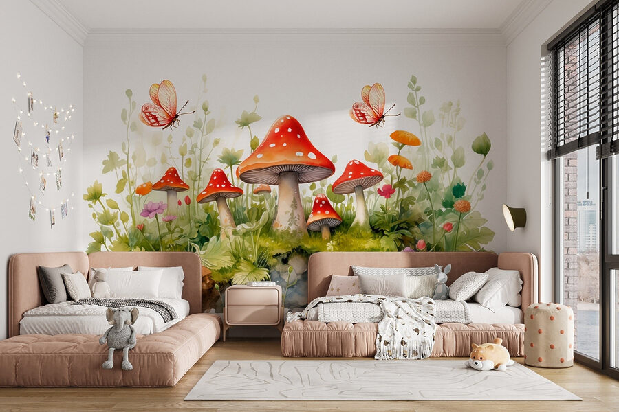 Peinture de champignons et de papillons