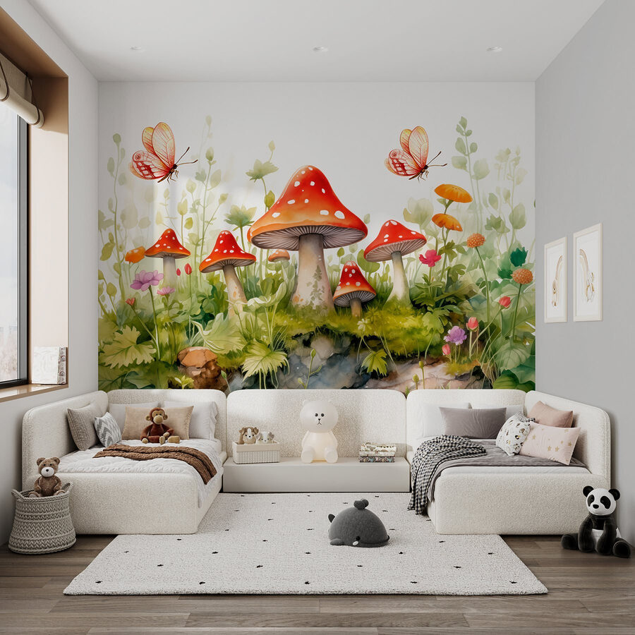 Peinture de champignons et de papillons