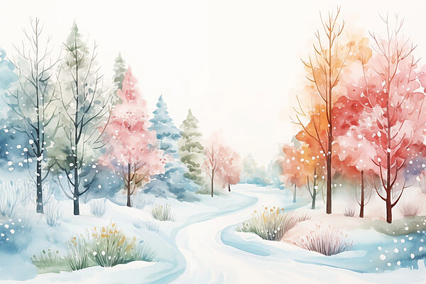 Aquarelle d'une route enneigée avec des arbres Aquarelle d'une route enneigée avec des arbres