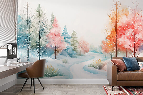Aquarelle d'une route enneigée avec des arbres Aquarelle d'une route enneigée avec des arbres
