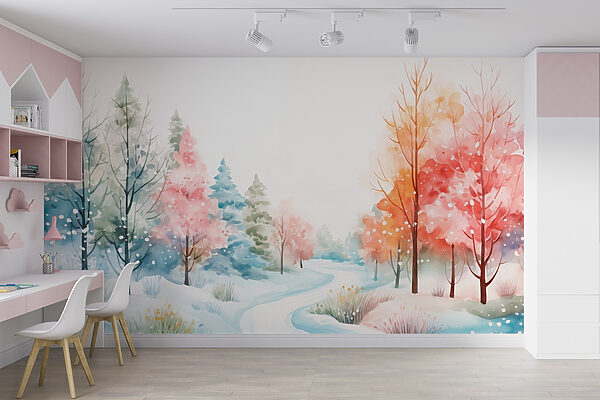 Aquarelle d'une route enneigée avec des arbres Aquarelle d'une route enneigée avec des arbres