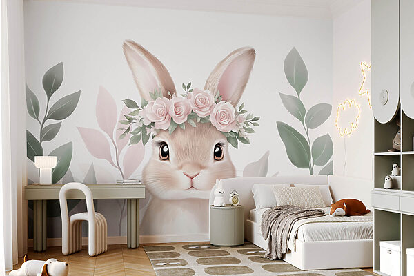 Papier peint Papier peint Lapin portant une couronne de fleurs (UGS : w03169)