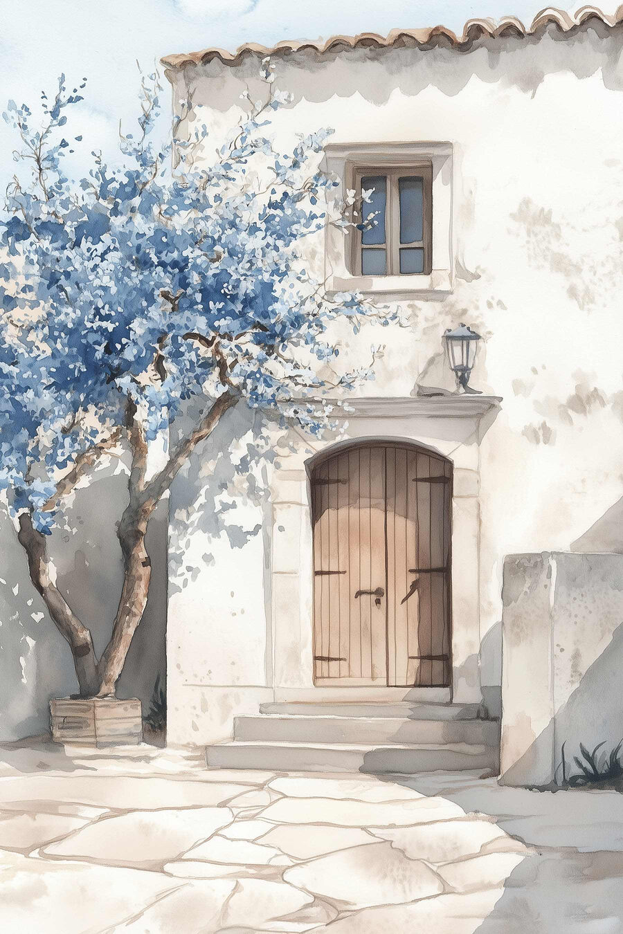 Aquarelle d'une maison avec un arbre et une porte