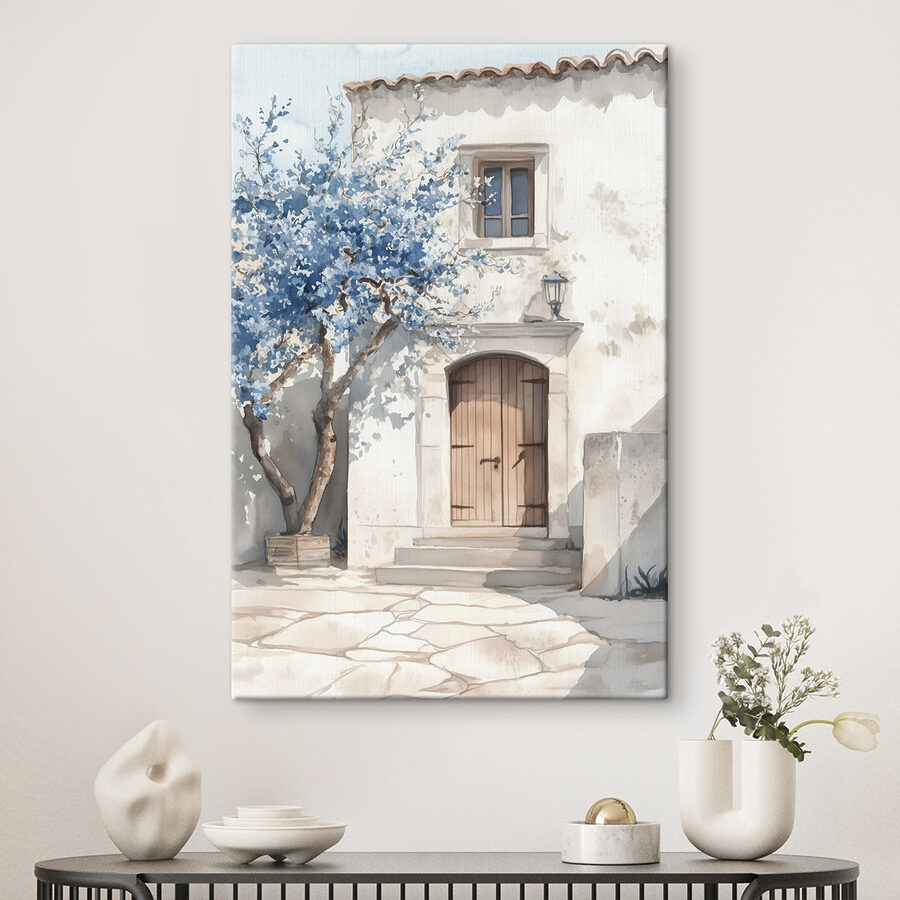 Aquarelle d'une maison avec un arbre et une porte