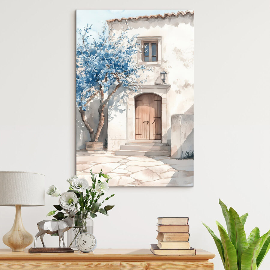 Aquarelle d'une maison avec un arbre et une porte