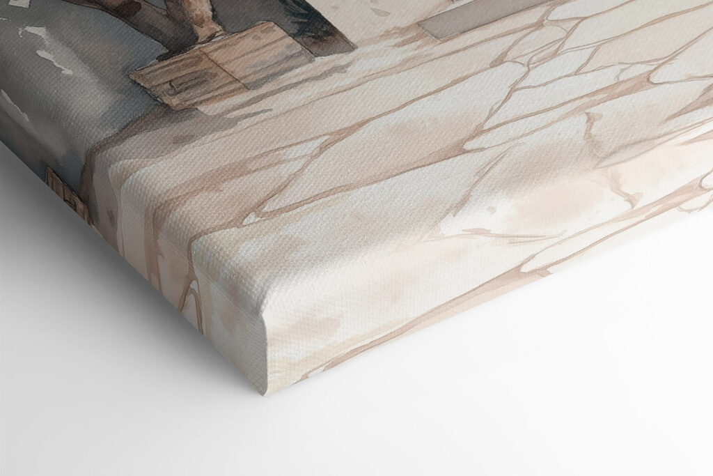 Watercolor painting of a house with a tree and a door