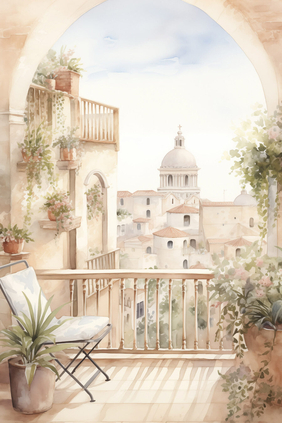 Aquarelle d'un balcon avec vue sur la ville