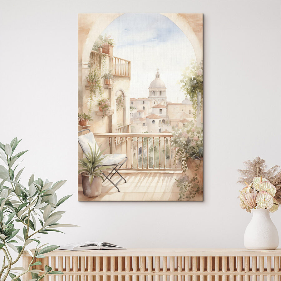 Aquarelle d'un balcon avec vue sur la ville