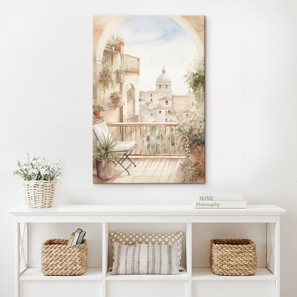 Aquarelle d'un balcon avec vue sur la ville Aquarelle d'un balcon avec vue sur la ville