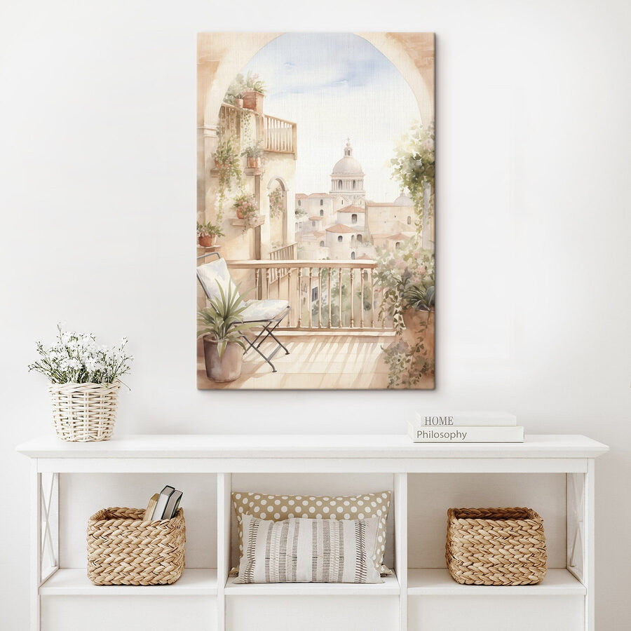 Aquarelle d'un balcon avec vue sur la ville