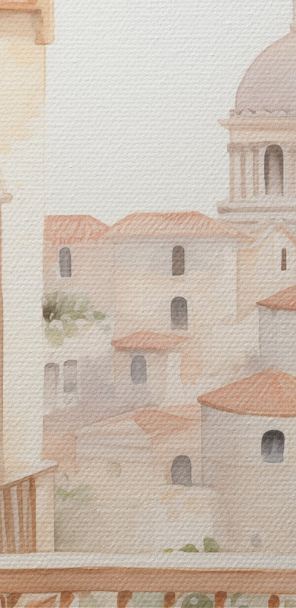 Aquarelle d'un balcon avec vue sur la ville Aquarelle d'un balcon avec vue sur la ville