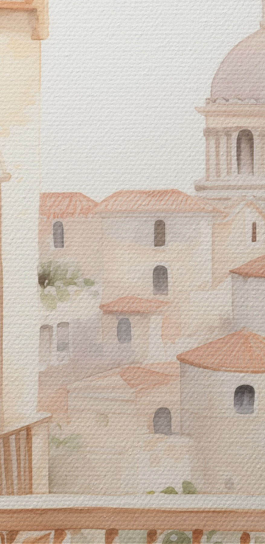 Aquarelle d'un balcon avec vue sur la ville