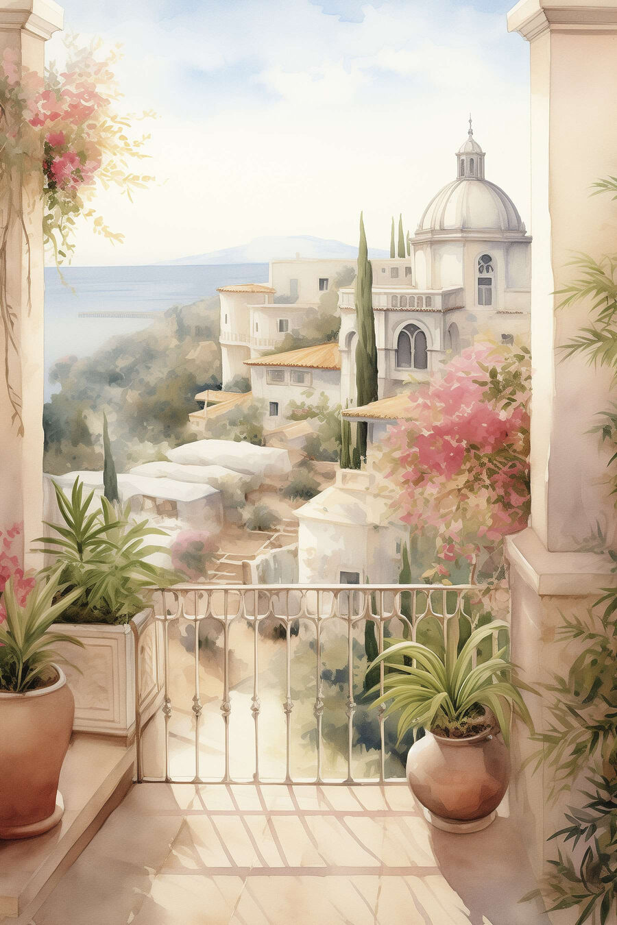 Aquarelle d'un balcon avec vue sur une ville