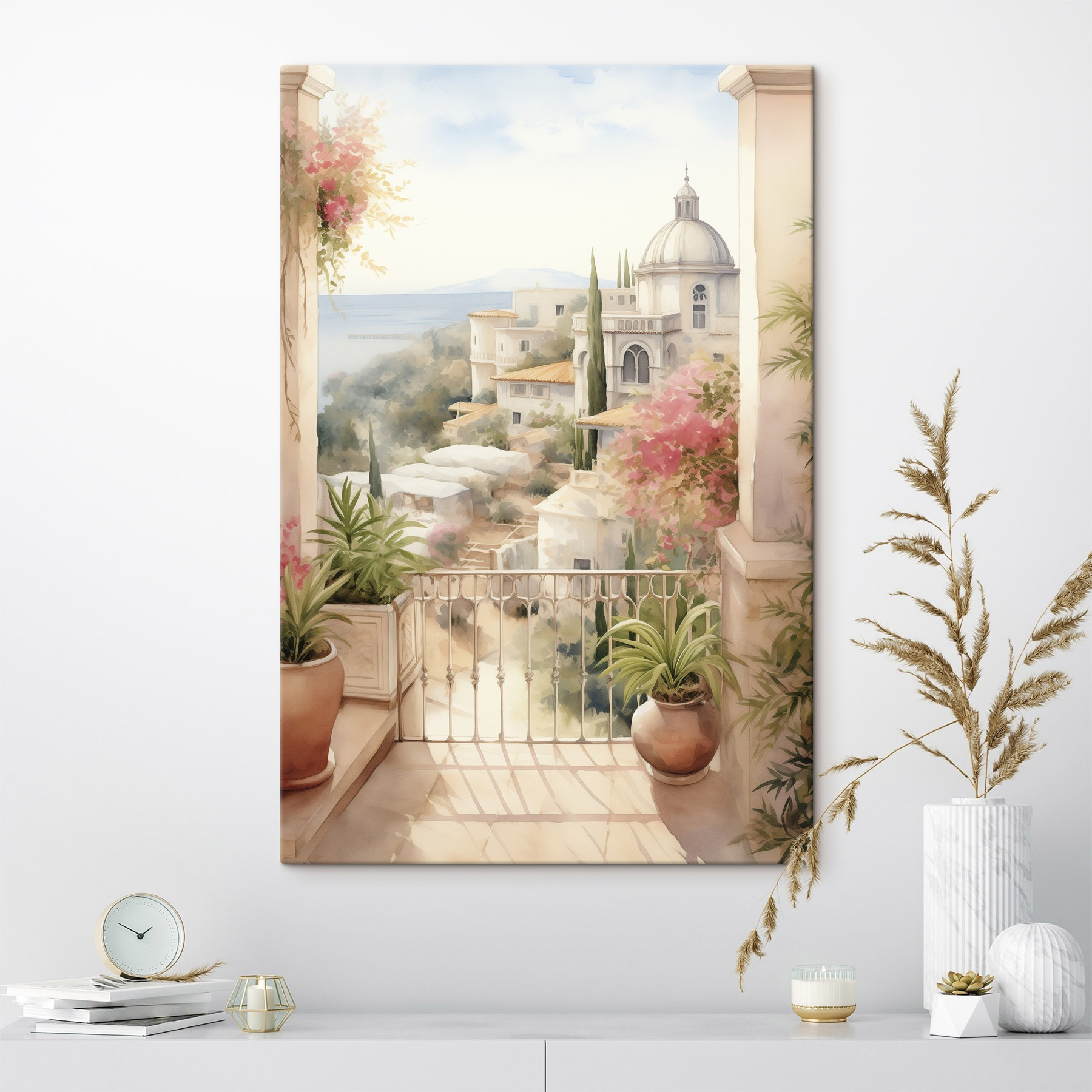 Watercolor painting of a balcony with a view of a town