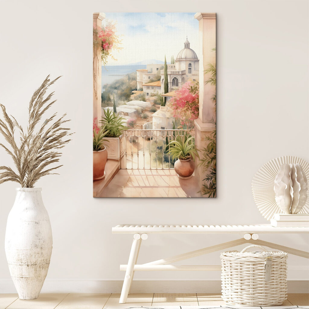 Watercolor painting of a balcony with a view of a town