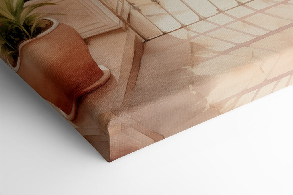 Watercolor painting of a balcony with a view of a town