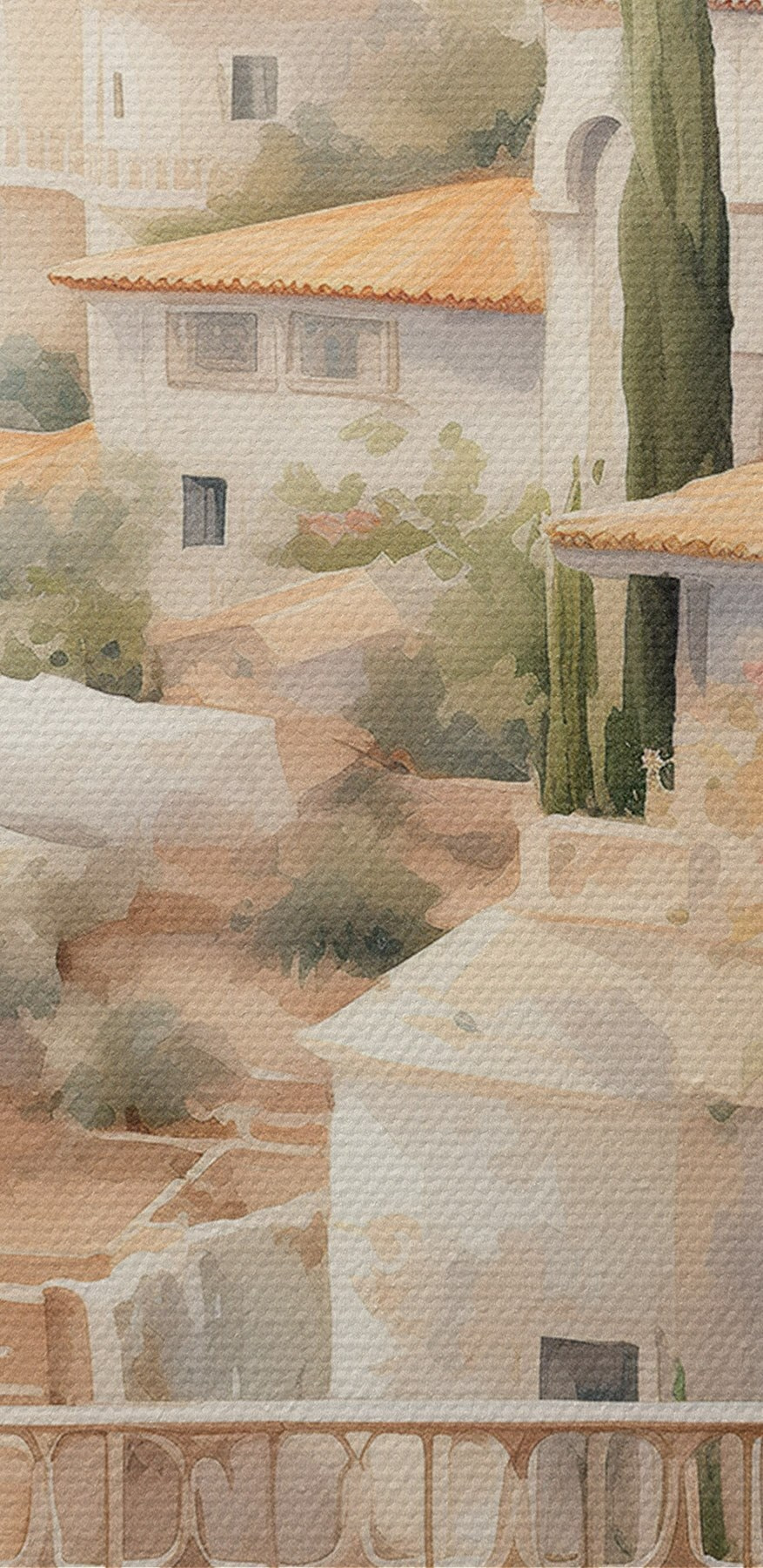 Aquarelle d'un balcon avec vue sur une ville