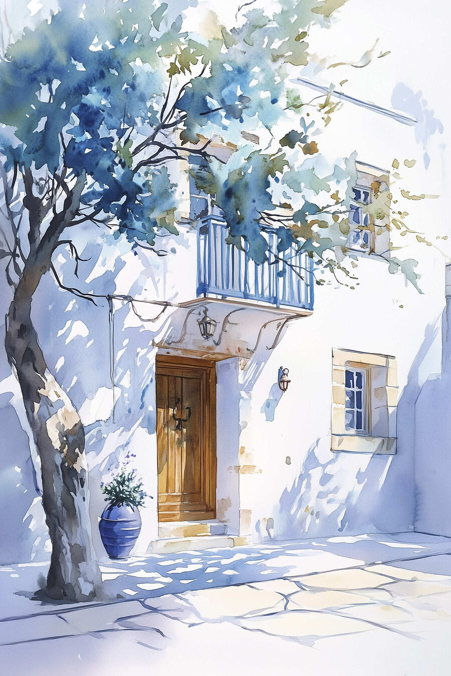 Aquarelle d'un bâtiment avec un arbre et un balcon