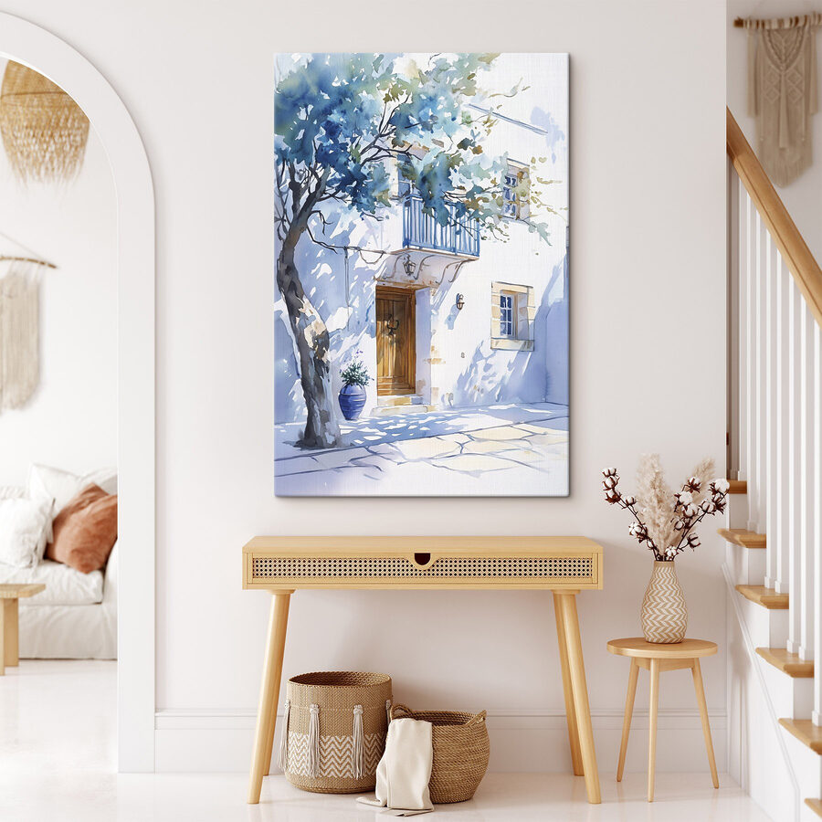 Aquarelle d'un bâtiment avec un arbre et un balcon