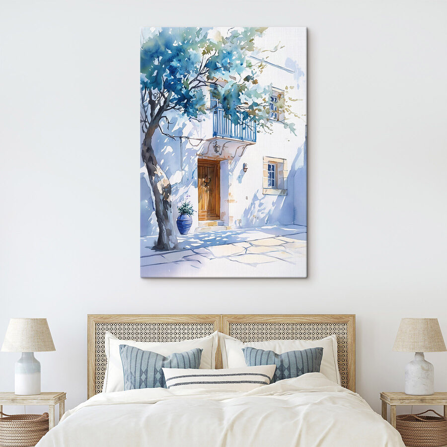 Aquarelle d'un bâtiment avec un arbre et un balcon