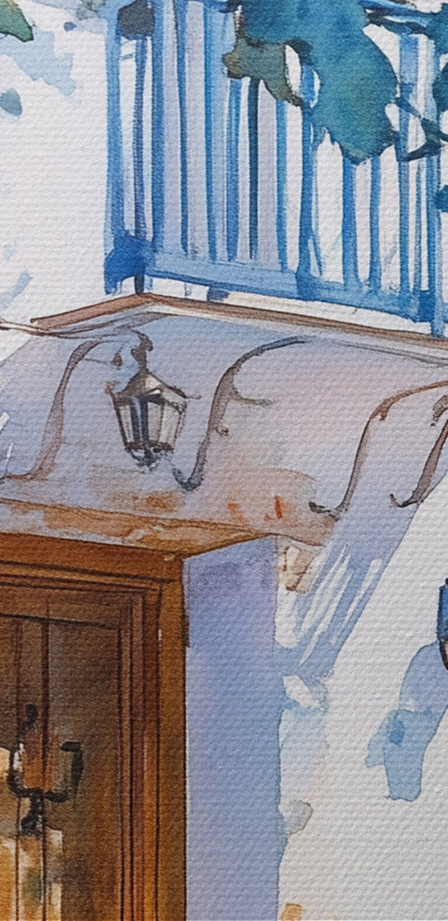 Aquarelle d'un bâtiment avec un arbre et un balcon