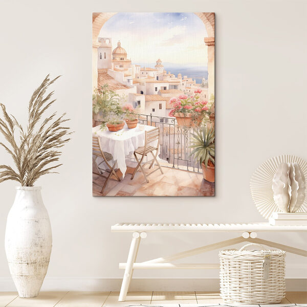 Aquarelle représentant une table et des chaises sur un balcon avec vue sur la ville Aquarelle représentant une table et des chaises sur un balcon avec vue sur la ville