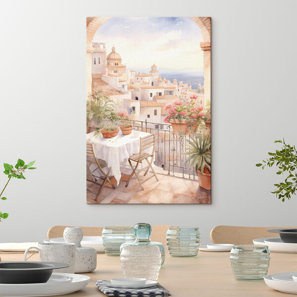 Aquarelle représentant une table et des chaises sur un balcon avec vue sur la ville Aquarelle représentant une table et des chaises sur un balcon avec vue sur la ville